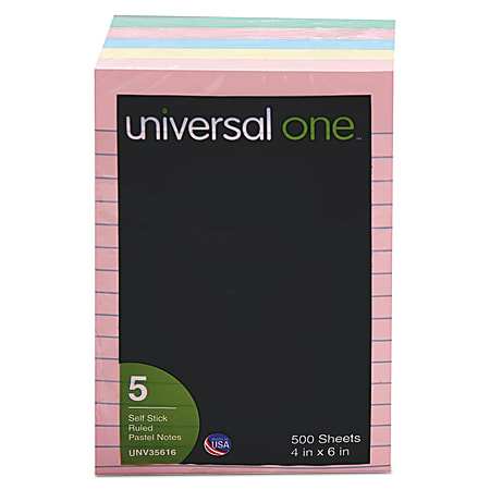 Universal® Lined Self-Stick Notes, 4 in x 6 in, Assorted Colors, 100 Sheets Per Pad, Pack Of 5 Pads