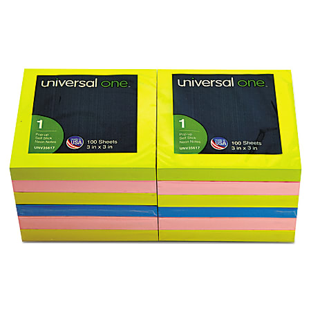 Universal® Fan-Folded Pop-Up Notes, 3" x 3", Assorted Neon Colors, 100 Sheets Per Pad, Pack Of 12 Pads