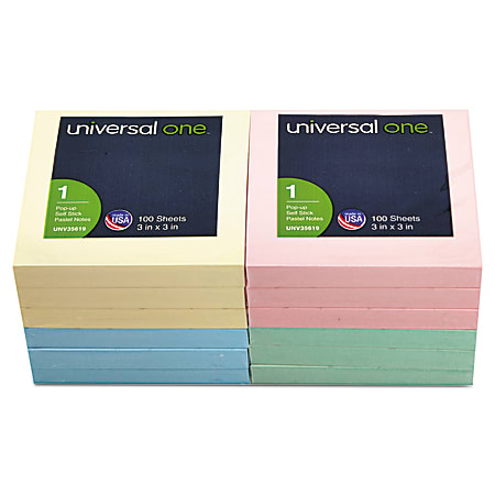 Universal® Fan-Folded Pop-Up Notes, 3" x 3", Assorted Pastel Colors, 100 Sheets Per Pad, Pack Of 12 Pads