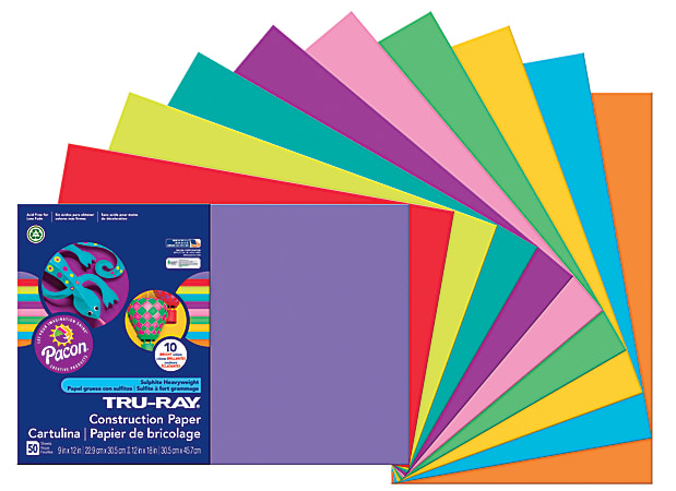 Tru-Ray® Construction Paper, 50% Recycled, Assorted Colors, 12" x 18", Pack Of 50 Sheets