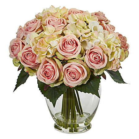 Nearly Natural Rose And Hydrangea 12”H Artificial Bouquet Arrangement. 12”H x 10”W x 10”D, Pink