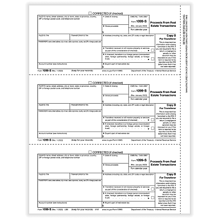 ComplyRight® 1099-S Tax Forms, 3-Up, Transfer Or Copy B, Laser, 8-1/2" x 11", White, Pack Of 150 Forms