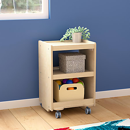 Flash Furniture Bright Beginnings Commercial Wood Mobile 3-Tier Storage Cart with Locking Caster Wheels, 25”H x 16”W x 16”D, Beech