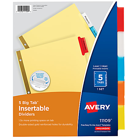 Avery® Big Tab™ Insertable Dividers Gold Reinforced Edge, 30% Recycled, Buff/Multicolor, 5-Tab