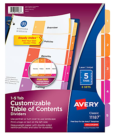 Avery® Ready Index® 1-5 Tab Binder Dividers With Customizable Table Of Contents, 8-1/2" x 11", 5 Tab, White/Multicolor, Pack Of 6 Sets