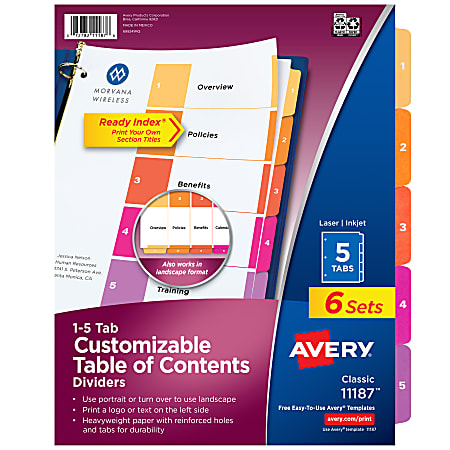 Avery® Ready Index® 1-5 Tab Binder Dividers With Customizable Table Of Contents, 8-1/2" x 11", 5 Tab, White/Multicolor, Pack Of 6 Sets