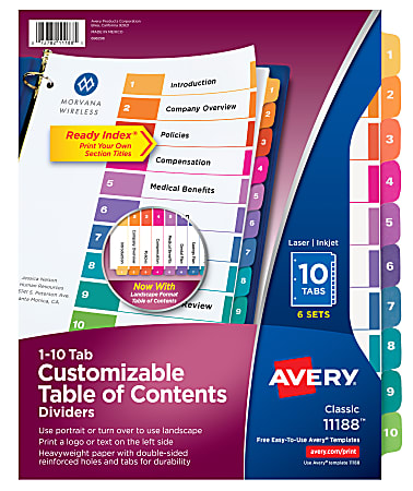 Avery® Ready Index® 1-10 Tab Binder Dividers With Customizable Table Of Contents, 8-1/2" x 11", 10 Tab, White/Multicolor, Pack Of 6 Sets