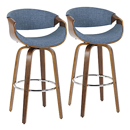 LumiSource Curvini 30'' Bar Stools, Blue Seat/Walnut Frame, Set of 2 Stools