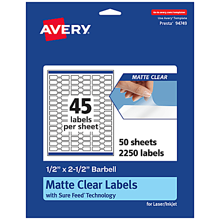Avery® Permanent Labels With Sure Feed®, 94749-CMF50, Barbell, 1/2" x 2-1/2", Matte Clear, Pack Of 2,250