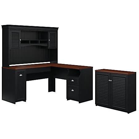 Bush Furniture Fairview 60"W L Shaped Desk With Hutch And Small Storage Cabinet, Antique Black/Hansen Cherry, Standard Delivery
