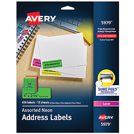 Avery® High-Visibility Permanent Laser ID Labels, 5979, 1" x 2 5/8", Assorted Colors, Pack Of 450