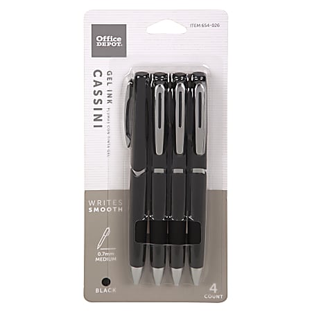 Office Depot® Brand Cassini Side-Click Gel Pens, Fine Point, 0.7 mm, Black Barrel, Black Ink, Pack Of 4