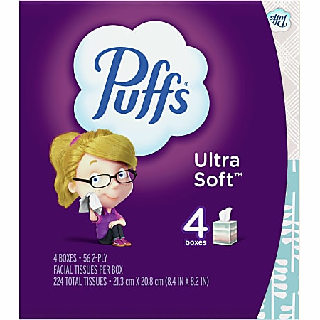 Puffs Ultra Soft Tissue 4-Pack - 2 Ply - White - Comfortable, Extra Soft - For Home, Office - 56 Per Box - 24 / Carton