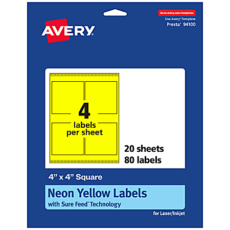 Avery® Printable Labels With Sure Feed® Technology, 94100-NYP20, Square, 4" x 4", Matte Neon Yellow, Pack of 80