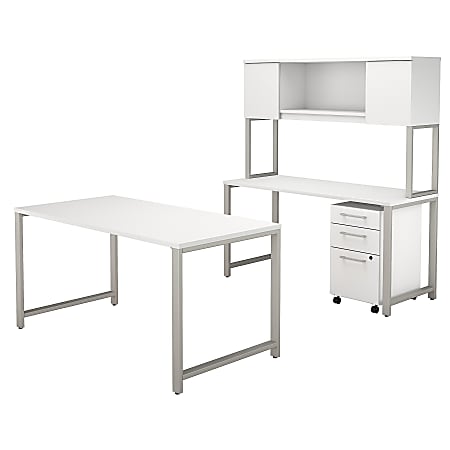 Bush Business Furniture 400 Series 60"W x 30"D Table Desk with Credenza, Hutch and 3 Drawer Mobile File Cabinet, White, Premium Installation