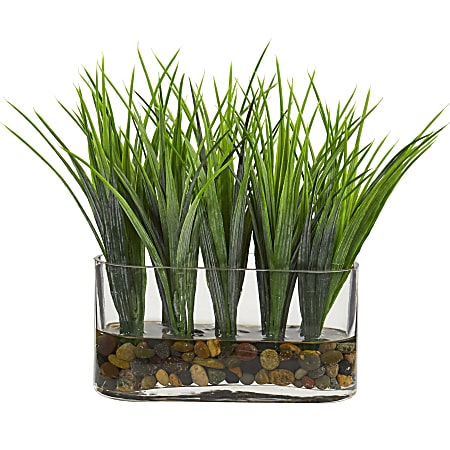 Nearly Natural 9"H Vanilla Grass Artificial Plant With Oval Vase, 9"H x 7"W x 3"D, Clear/Green