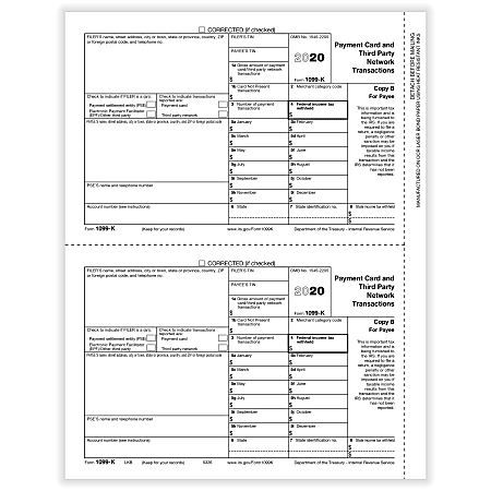 ComplyRight™ 1099-K Tax Forms, 2-Up, Payee Copy B, Laser, 8-1/2" x 11", Pack Of 100 Forms