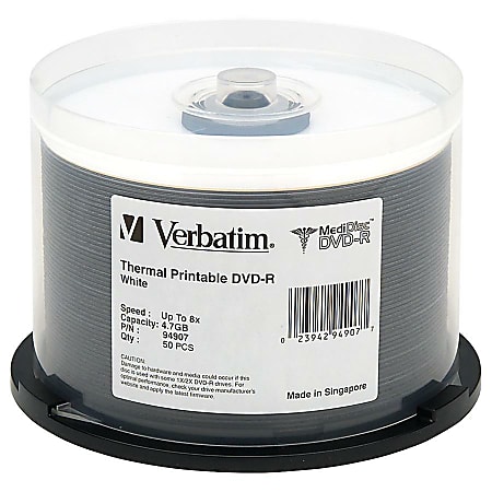 Verbatim MediDisc DVD-R 4.7GB 8X White Thermal Printable with Branded Hub - 50pk Spindle - Thermal Printable