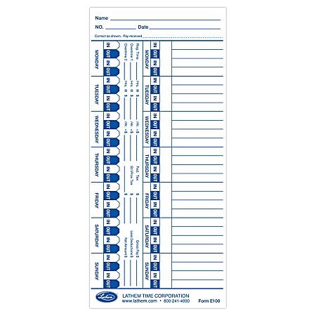 Lathem Time Cards For Electronic Side-Print Time Clocks, Weekly, 1-Sided, 4" x 9", Box Of 100