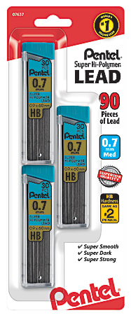 Pentel® Super Hi-Polymer® Leads, 0.7 mm, Medium, HB, 30 Leads Per Tube, Pack Of 3 Tubes