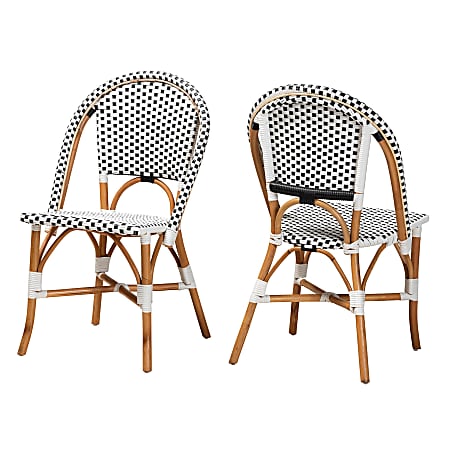 Baxton Studio Quincy Modern French Weaving And Rattan Bistro Accent Chairs, Black/White/Natural Brown, Set Of 2 Chairs