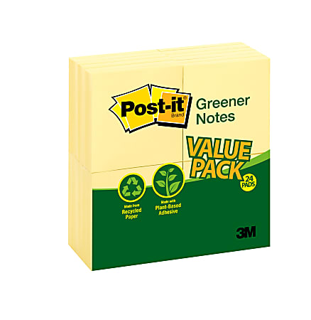 Post it® Greener Notes, 2400 Total Notes, Pack Of 24 Pads, 100% Recycled, 3" x 3", Canary Yellow, 100 Notes Per Pad