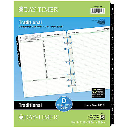 Day-Timer® Reference Daily Planner Refill, 8 1/2" x 11", 30% Recycled, White, January 2018 to December 2018 (948001801)