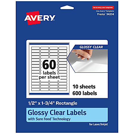 Avery® Glossy Permanent Labels With Sure Feed®, 94204-CGF10, Rectangle, 1/2" x 1-3/4", Clear, Pack Of 600