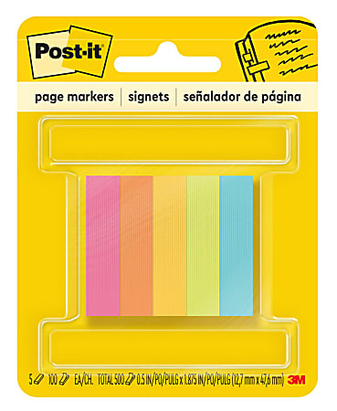 Post-it® Notes Page Markers, 1/2" x 2", Electric Glow Colors, 100 Per Pad, Pack Of 5 Pads