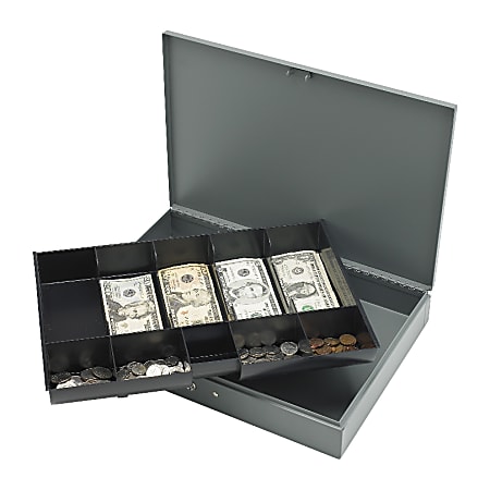 Sparco All-Steel Key Lock Cash Box With Tray, 10 Compartments, 2" x 10 1/2" x 15", Gray