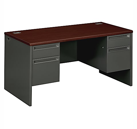 HON® 38000 60"W Double-Pedestal Computer Desk, Mahogany/Charcoal