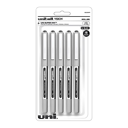 uni-ball® Vision™ Liquid Ink Rollerball Pens, Fine Point, 0.7 mm, Silver Barrel, Black Ink, Pack Of 5 Pens