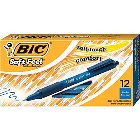 BIC Soft Feel Retractable Ballpoint Pens, Medium Point, 1.0 mm, Blue Barrel, Blue Ink, Pack Of 12