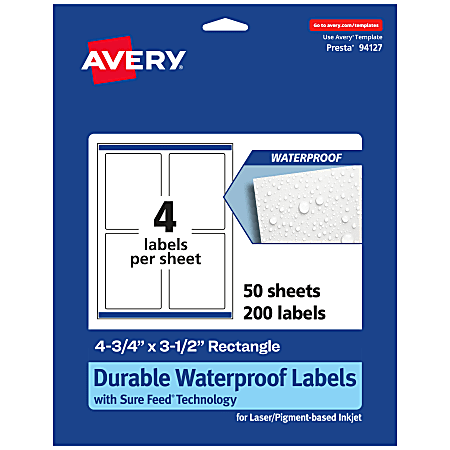 Avery® Waterproof Permanent Labels With Sure Feed®, 94127-WMF50, Rectangle, 4-3/4" x 3-1/2", White, Pack Of 200