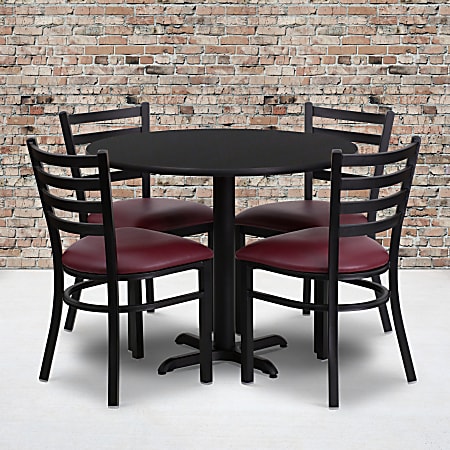 Flash Furniture Round Laminate Table Set With X-Base And 4 Ladder-Back Metal Chairs, 30"H x 36"W x 36"D, Black/Burgundy
