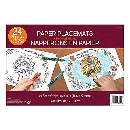 Amscan Thanksgiving Coloring Placemats, 11" x 16", 4 Per Pack, Carton Of 24 Packs
