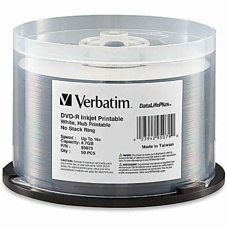 Verbatim DVD-R 4.7GB 16X DataLifePlus White Inkjet Printable, Hub Printable - 50pk Spindle