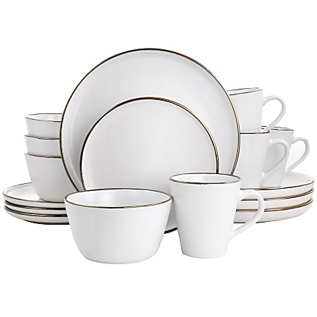 Elama Arthur 16-Piece Stoneware Dinnerware Set, Matte White/Gold