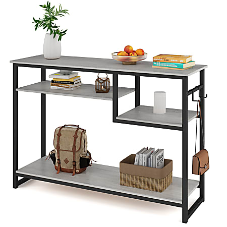 Bestier Console Table With 4-Tier Storage Shelves & 2 Hooks, 29-15/16"H x 39-3/8"W x 11-13/16"D, Light Retro Gray Oak