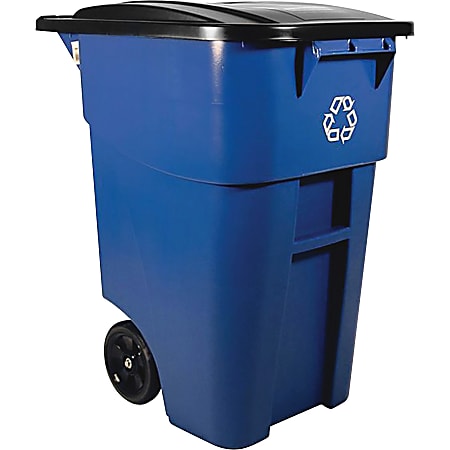 Rubbermaid Commercial Brute Recycling Rollout Container - Swing Lid - 50 gal Capacity - Rectangular - Mobility, Heavy Duty, Wheels, Lid Locked, Hinged, Durable, Easy to Clean - 36.5" Height x 23.4" Width - Resin - Blue - 2 / Carton