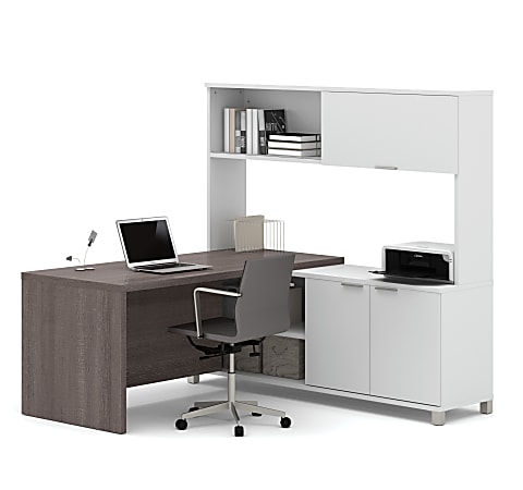 Bestar Pro-Linea 72"W L-Shaped Corner Desk With Hutch, Bark Gray/White