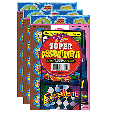 Trend Super Assortment Sticker Packs, Assorted Colors, 1000 Stickers Per Pack, Set Of 3 Packs