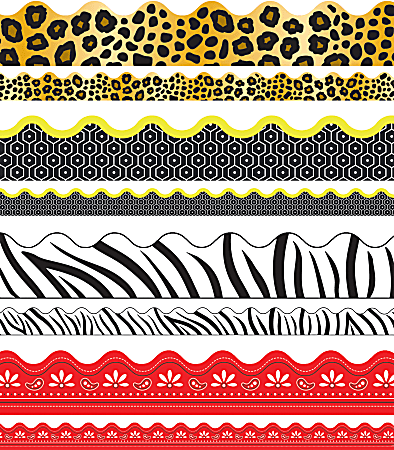 Carson-Dellosa Scalloped Borders Sets, Leopard Print/Tiger Print/Zebra Print/Red Bandana, Multicolor, Pre-K - Grade 8, Pack Of 4