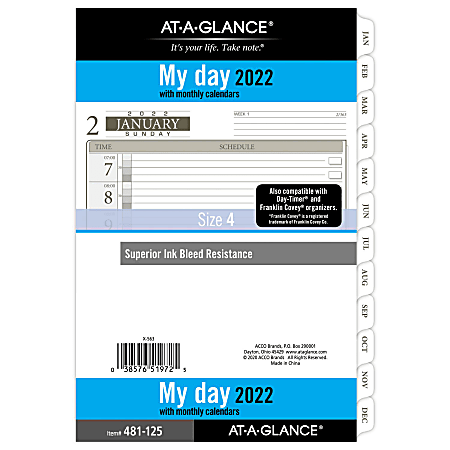 AT-A-GLANCE® One Page Per Day Daily/Monthly Planner Calendar Refill, Desk Size, 5-1/2" x 8-1/2", January To December 2022, 481-125