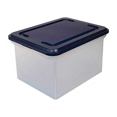 File Tote Storage Box with Lid , Letter, Plastic, Clear/Navy