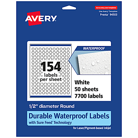 Avery® Waterproof Permanent Labels With Sure Feed®, 94503-WMF50, Round, 1/2" Diameter, White, Pack Of 7,700