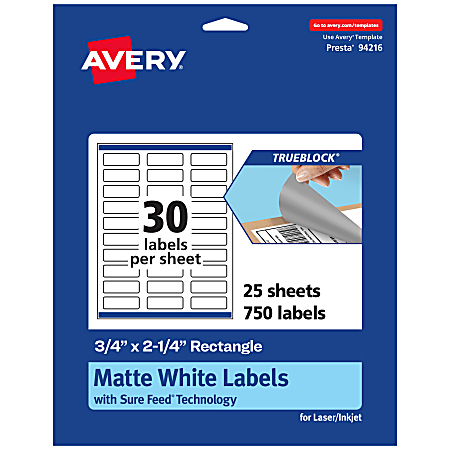 Avery® Print-To-The-Edge TrueBlock® Labels With Sure Feed®, 94216-TWMP25, Rectangle, 3/4" x 2-1/4", Matte White, Pack Of 750