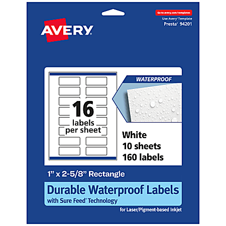 Avery® Waterproof Permanent Labels With Sure Feed®, 94201-WMF10, Rectangle, 1" x 2-5/8", White, Pack Of 160