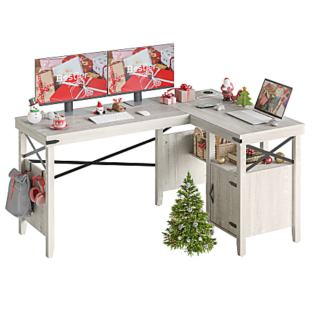 Bestier 60"W L-Shaped Corner Computer Desk With Storage Cabinet & Accessory Hooks, White Wash