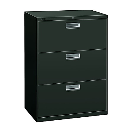 HON® 600 30"W Lateral 3-Drawer Standard File Cabinet With Lock, Metal, Charcoal